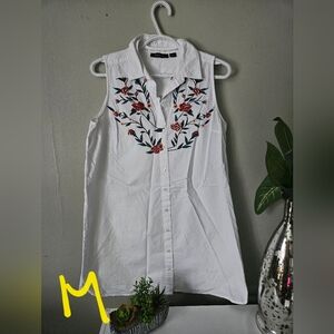 White Sleeveless Button-Down Shirt with Red Floral Embroidery